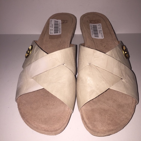 UGG Lyra Sandals Tan Leather Wedge Cork Heel Sz 10 - Picture 2 of 8